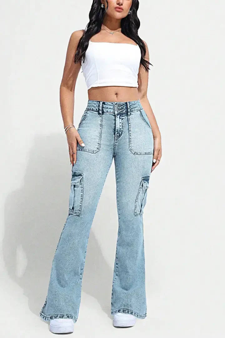 Multi Pocket Double Button Mid Rise Flare Cargo Jeans