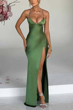 Satin Deep V-Neck Spaghetti Strap High Slit Column Maxi Dress