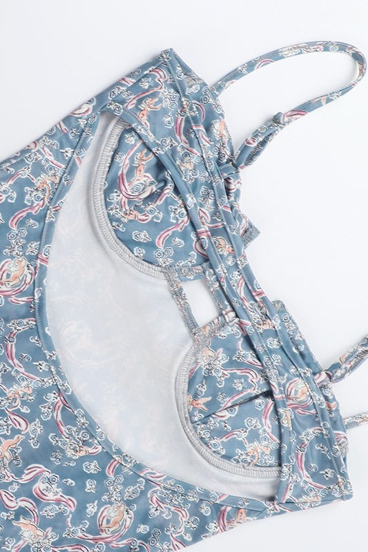 Blue Spaghetti Strap Bustier Cutout Paisley Print Bodycon Maxi Dress