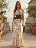 Vintage Polka Dot Halter Deep V Neck Lace Patchwork Maxi Dress For Women 2026