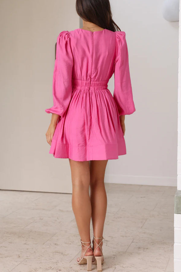 Deep V-Neck Puff Sleeve Smocked Waist Fit and Flare Mini Dress