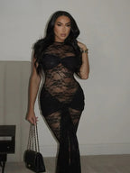 Floral Lace High Neck Knot Waist Sheer Overlay Bodycon Maxi Dress