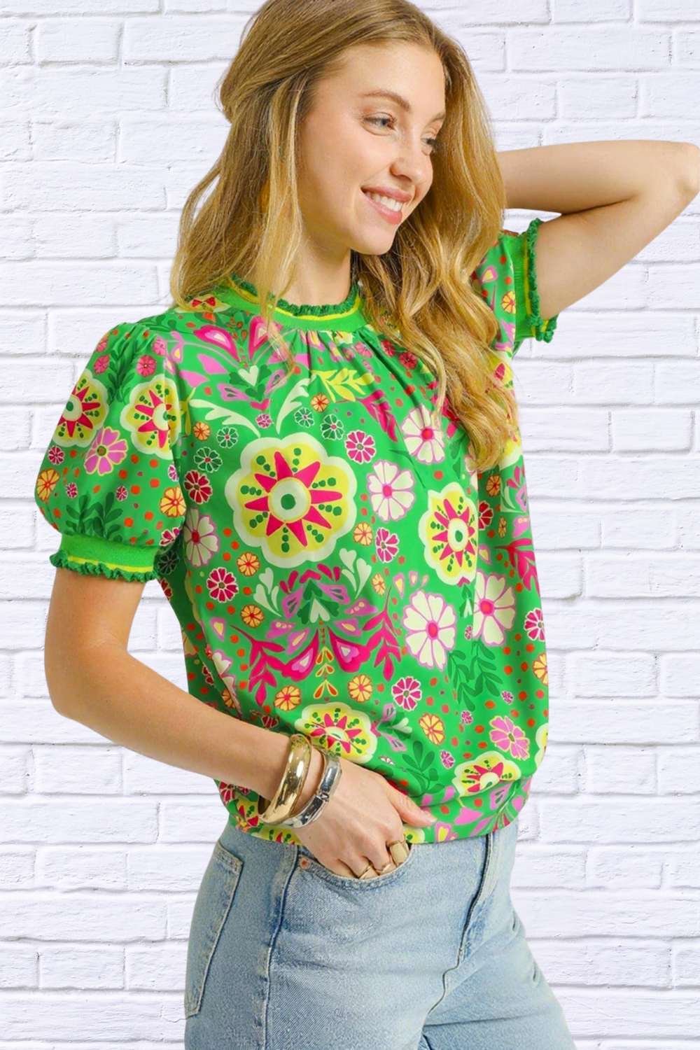 Vibrant Floral Puff Sleeve Blouse _ Green
