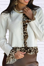 Leopard Trim Ruffle Cardigan _ Buttoned Contrast Ruffle & Chic Stretch Fit