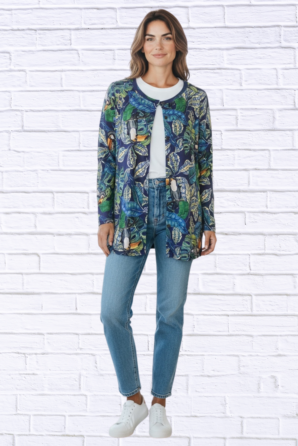 Tropical Print Button-Through Knit Cardi Top _ Round Neck Lightweight Layering Piece