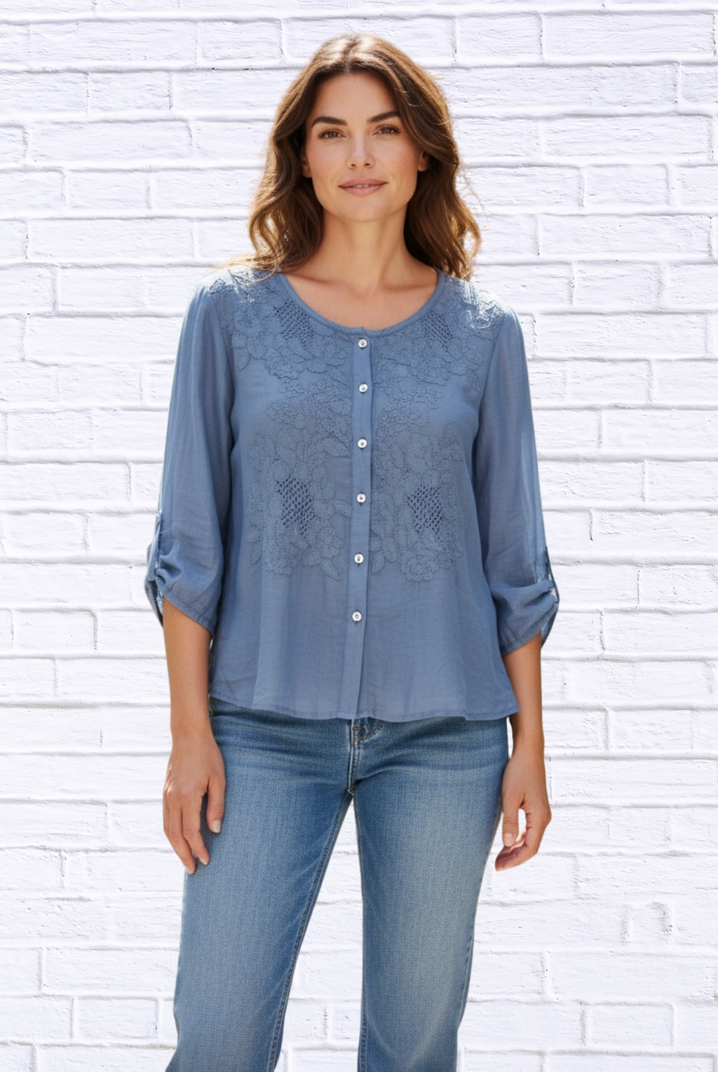 Silk-Lined Embroidered Button-Up Blouse _ 3/4 Sleeve Round Neck Elegant Top