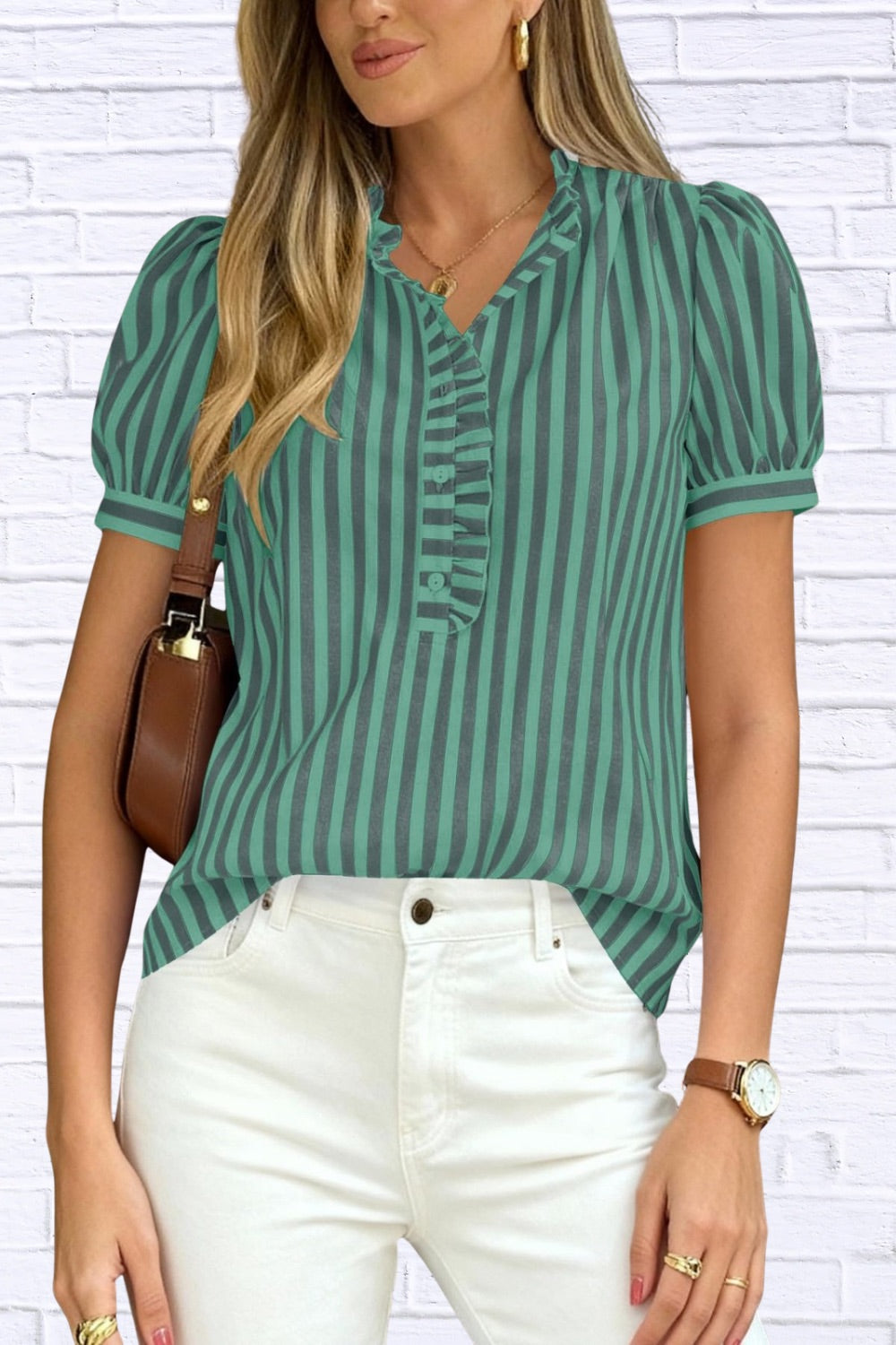 Frill Striped Puff Sleeve Blouse | Chic Women__ Top