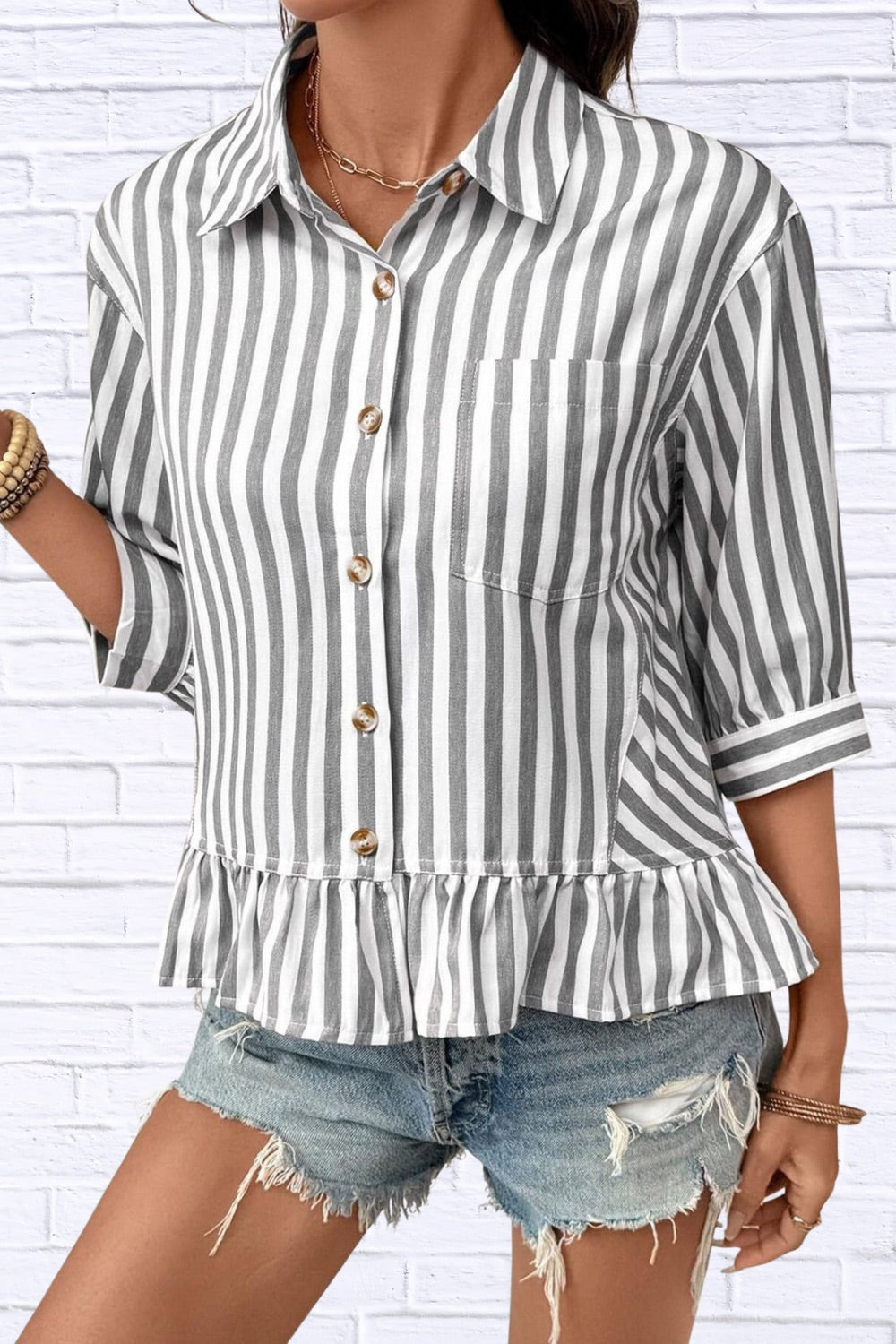 Striped Ruffle Hem Button-Down Shirt | Chic Women__ Top