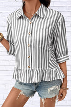 Striped Ruffle Hem Button-Down Shirt | Chic Women__ Top