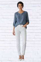 Silk-Lined Embroidered Button-Up Blouse _ 3/4 Sleeve Round Neck Elegant Top