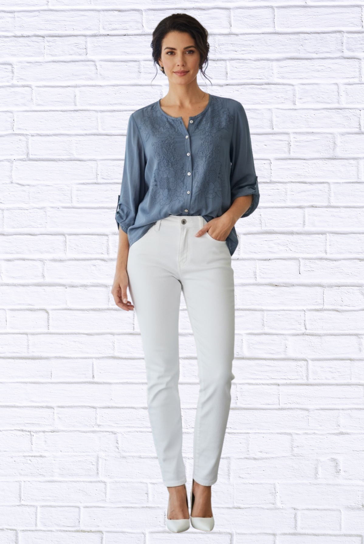 Silk-Lined Embroidered Button-Up Blouse _ 3/4 Sleeve Round Neck Elegant Top