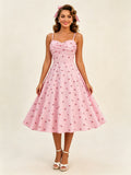 Pink Cherry Print Halter A Line Midi Dress For Women Sweet Summer
