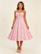 Pink Cherry Print Halter A Line Midi Dress For Women Sweet Summer