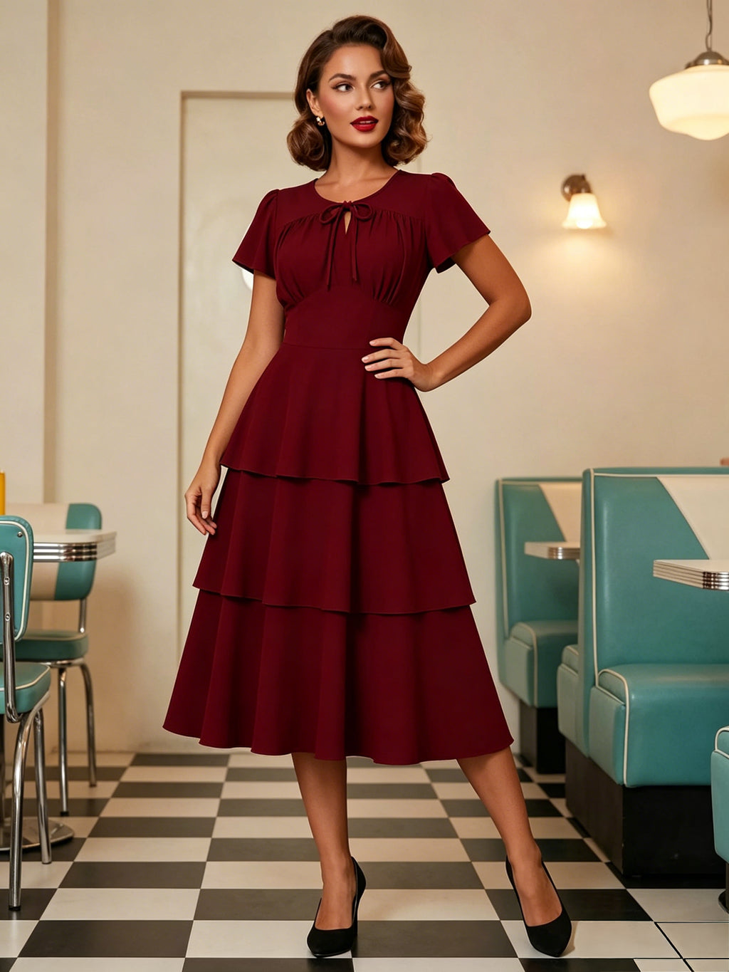 Vintage Dress Women's Elegant Tiered Midi Dress Short Flutter Sleeve Tie Front Fit And Flare Dress