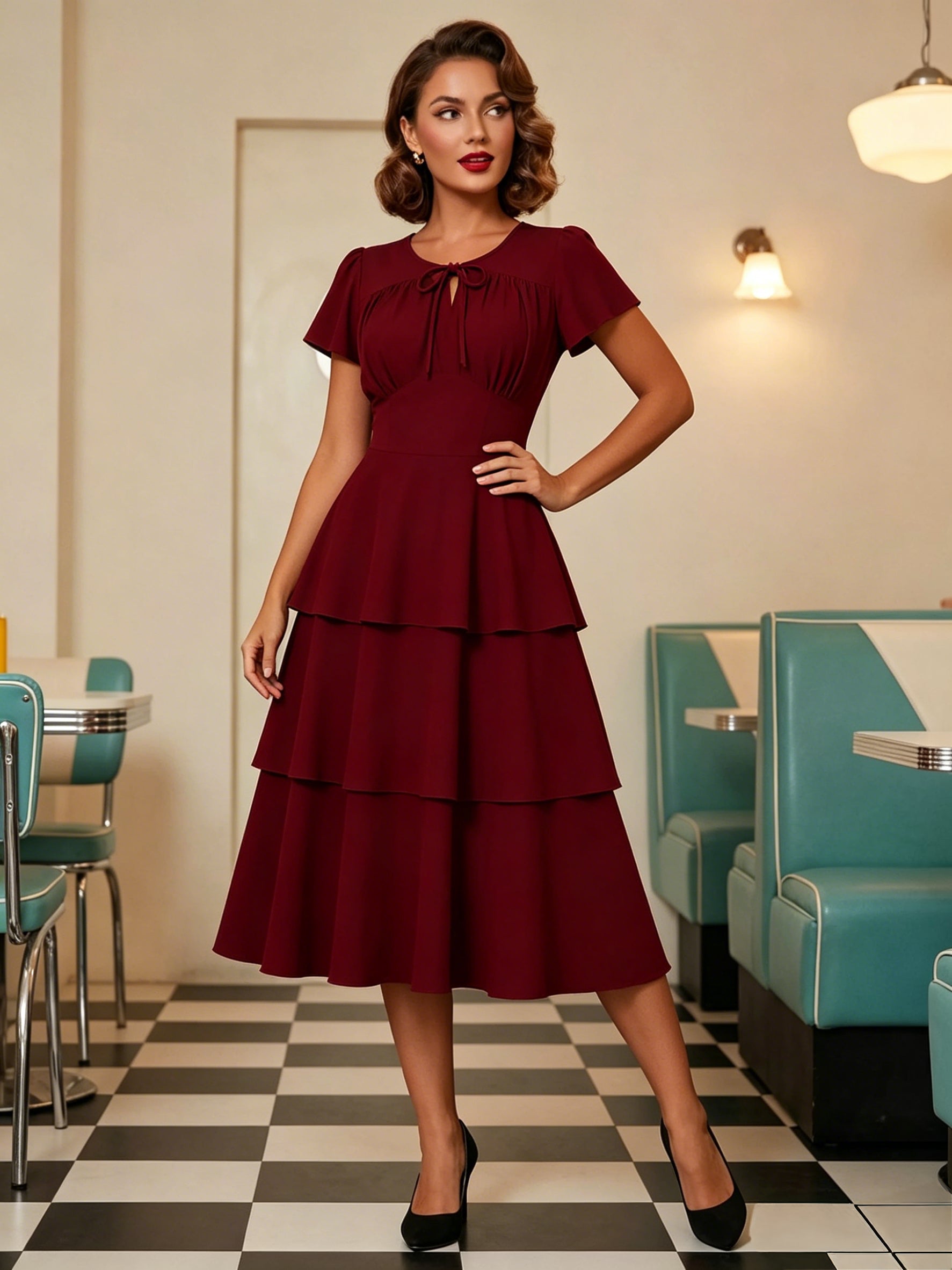 Vintage Dress Women's Elegant Tiered Midi Dress Short Flutter Sleeve Tie Front Fit And Flare Dress