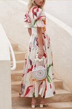 Abstract Watercolor Floral Puff Sleeve Button Maxi Dress