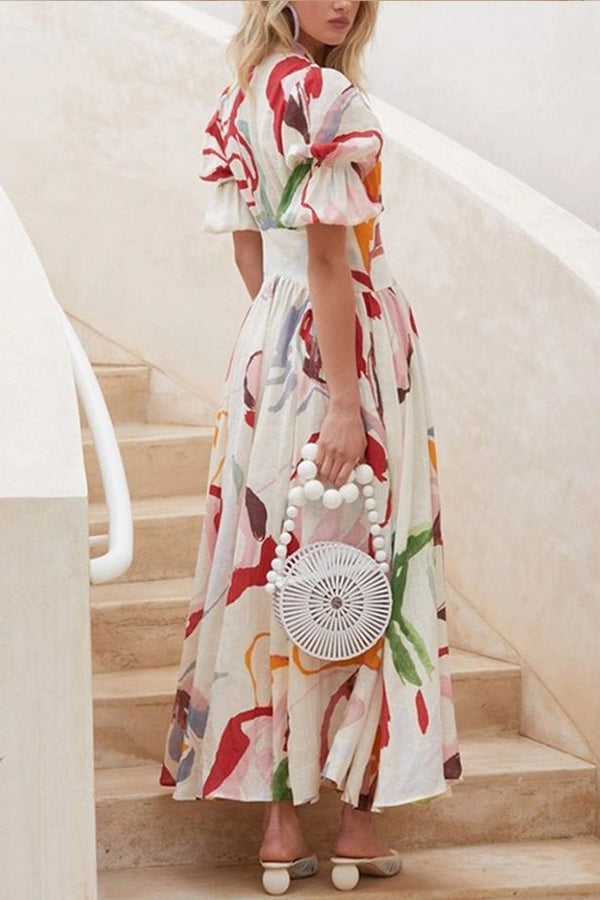 Abstract Watercolor Floral Puff Sleeve Button Maxi Dress