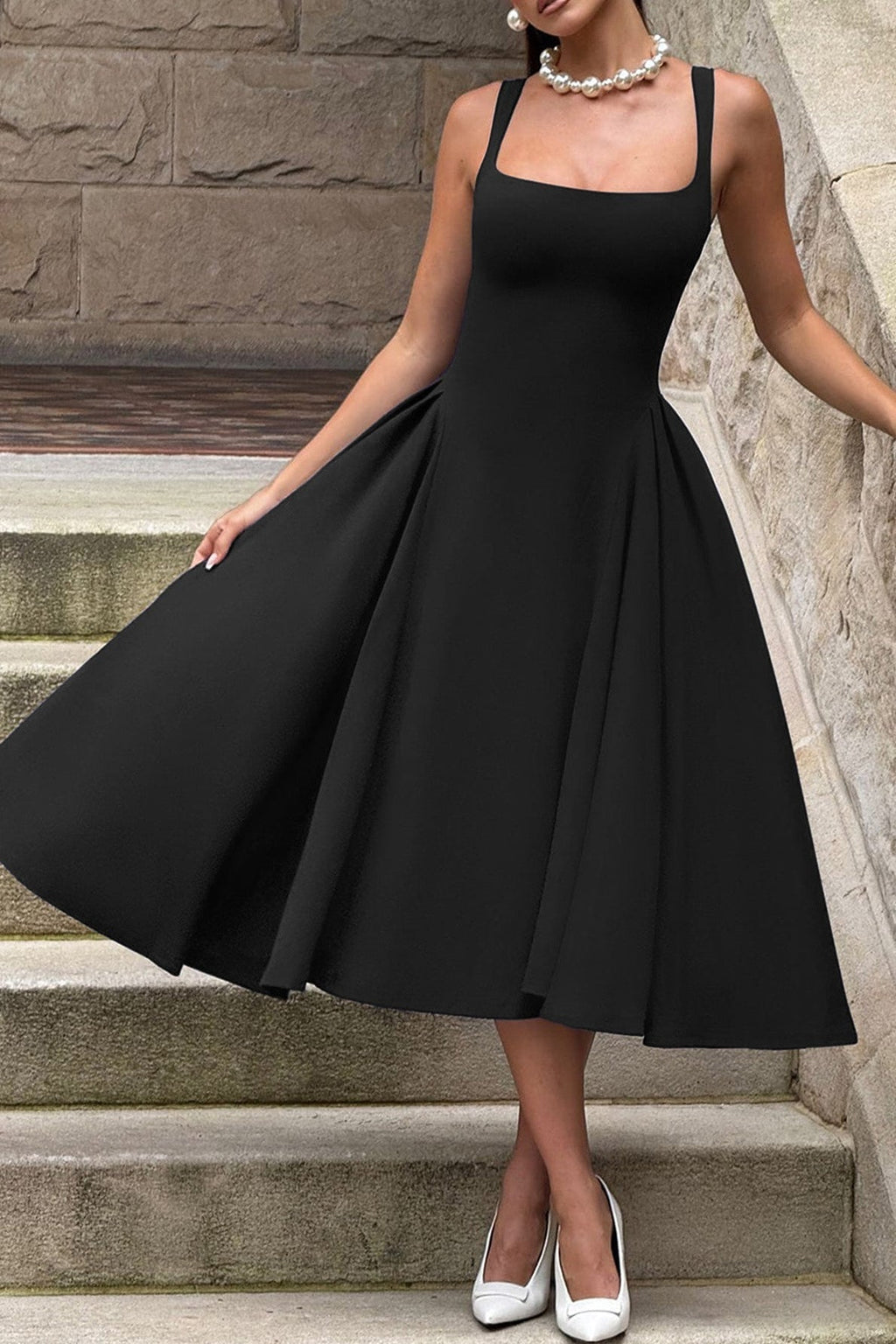 Square Neck Wide Strap Pleated Fit and Flare Midi Dress