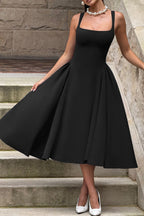 Square Neck Wide Strap Pleated Fit and Flare Midi Dress