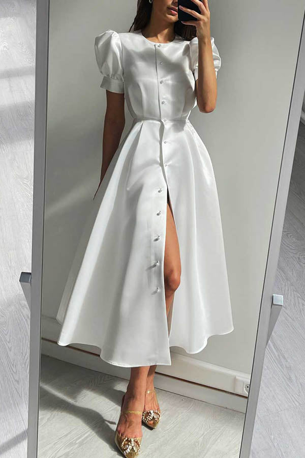 Puff Sleeve Pearl Button Front Satin Side Slit Midi Dress