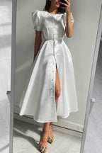 Puff Sleeve Pearl Button Front Satin Side Slit Midi Dress