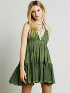 Backless Halter Mini Dress for Women - Boho Textured Ruffle V Neck Tie Back Babydoll Dress - Summer Beach Party 2026