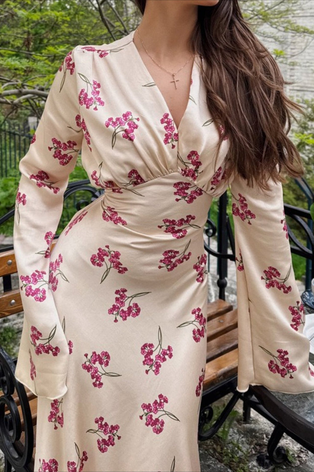 Deep V Neck Flared Sleeve Tiered Maxi Floral Print Dress