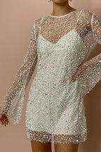Sequin Mesh Overlay Slip Strap Bell Sleeve Mini Dress