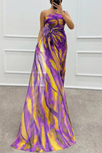 Renee Exclusive Amazing Views Off Shoulder Pleated Slit Maxi Dress with Feather Rose Detail in Watercolor Print Chic Silhouette Collection