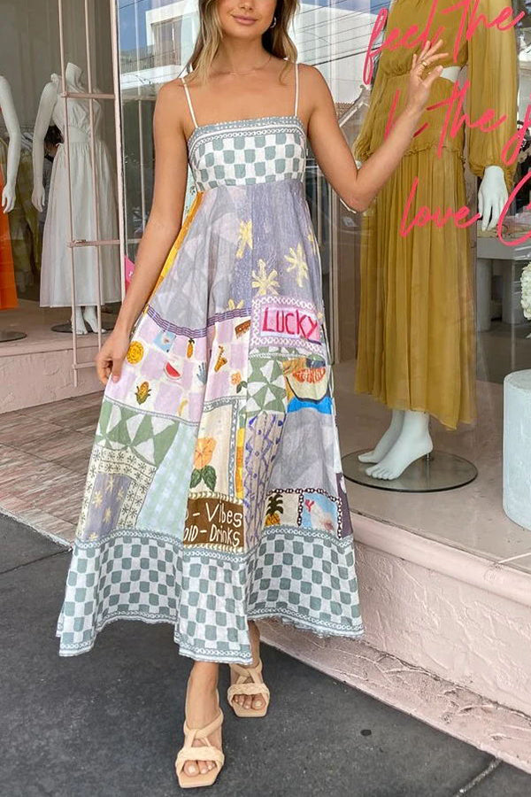 Gingham Trim Patchwork Graphic Print Square Neck Spaghetti Strap Maxi Dress