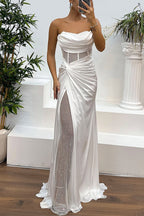 Strapless Rhinestone Mesh Corset Bodice Draped Satin Side Slit Maxi Gown