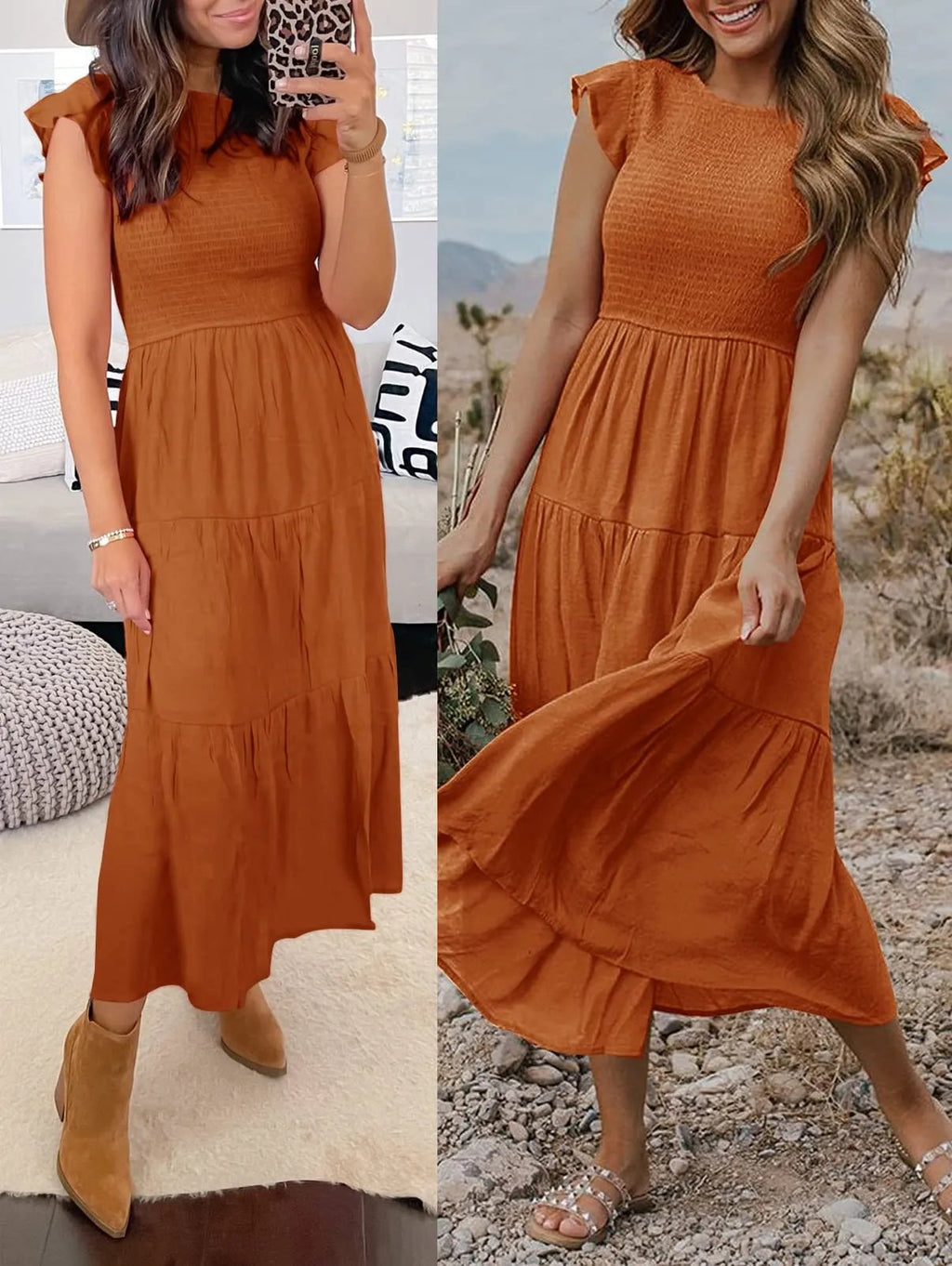 Smocked Bodice Flutter Sleeve Tiered A-Line Midi Dress