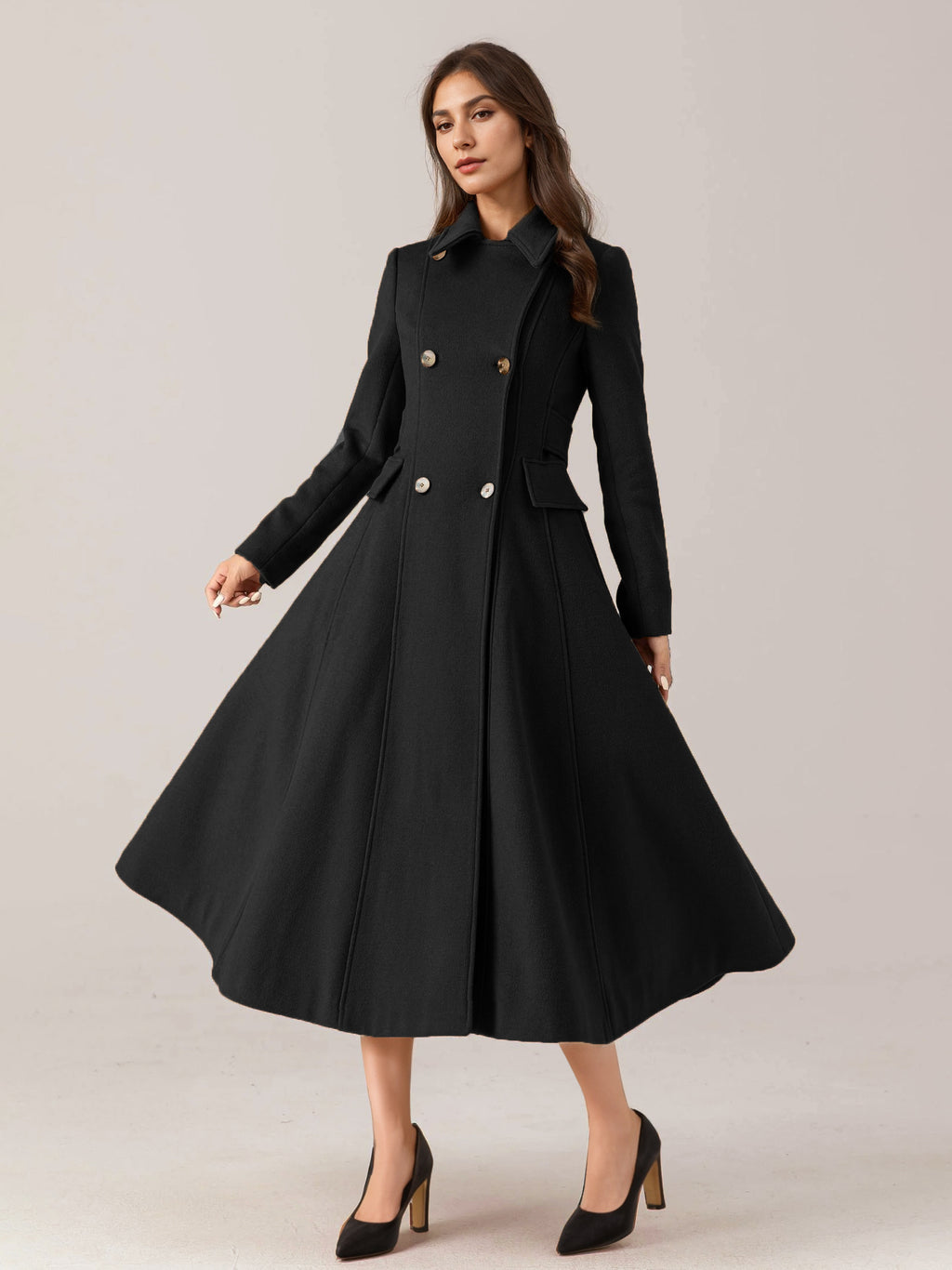 Flared Wool Blend Coat For Woman Red Turndown Collar Double-breasted Elegant 2026 Winter Outerwear