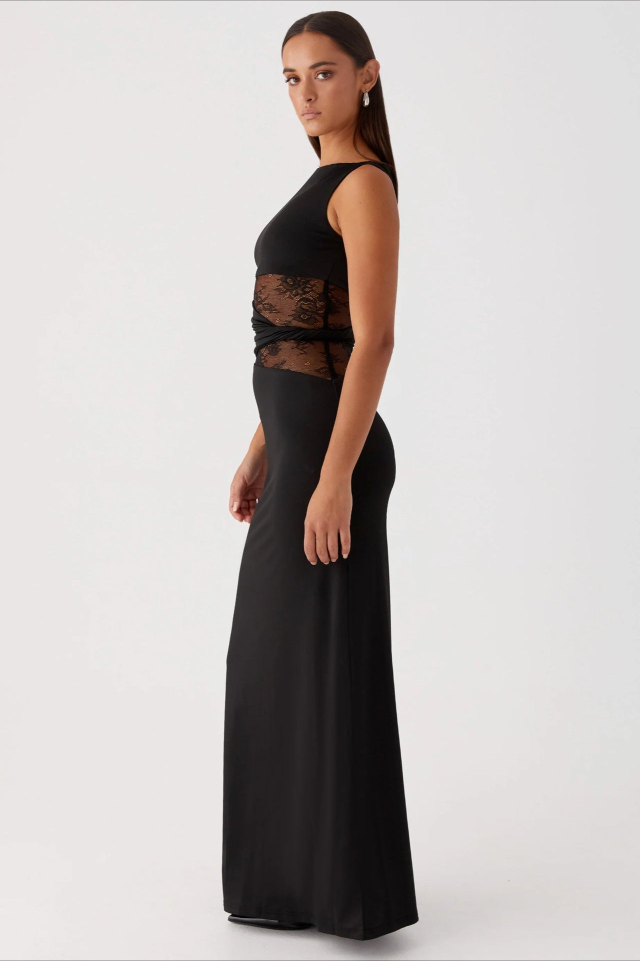 Lace Panel Boat Neck Cut Out Waist Sleeveless Bodycon Maxi Dress