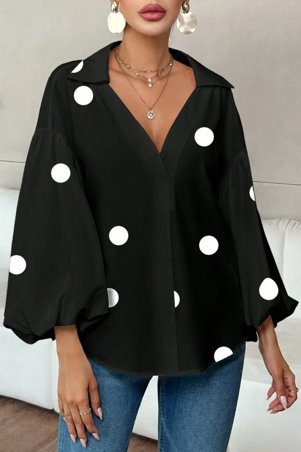Stylish Polka Dot Print Collared Puff Sleeve Loose Shirt