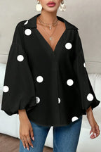 Stylish Polka Dot Print Collared Puff Sleeve Loose Shirt