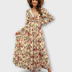 Floral Print Deep V-Neck Ruffle Trim Lantern Sleeve Tiered Maxi Dress
