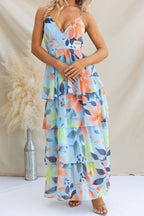 Spaghetti Strap Deep V Floral Print Tiered Ruffle Maxi Dress