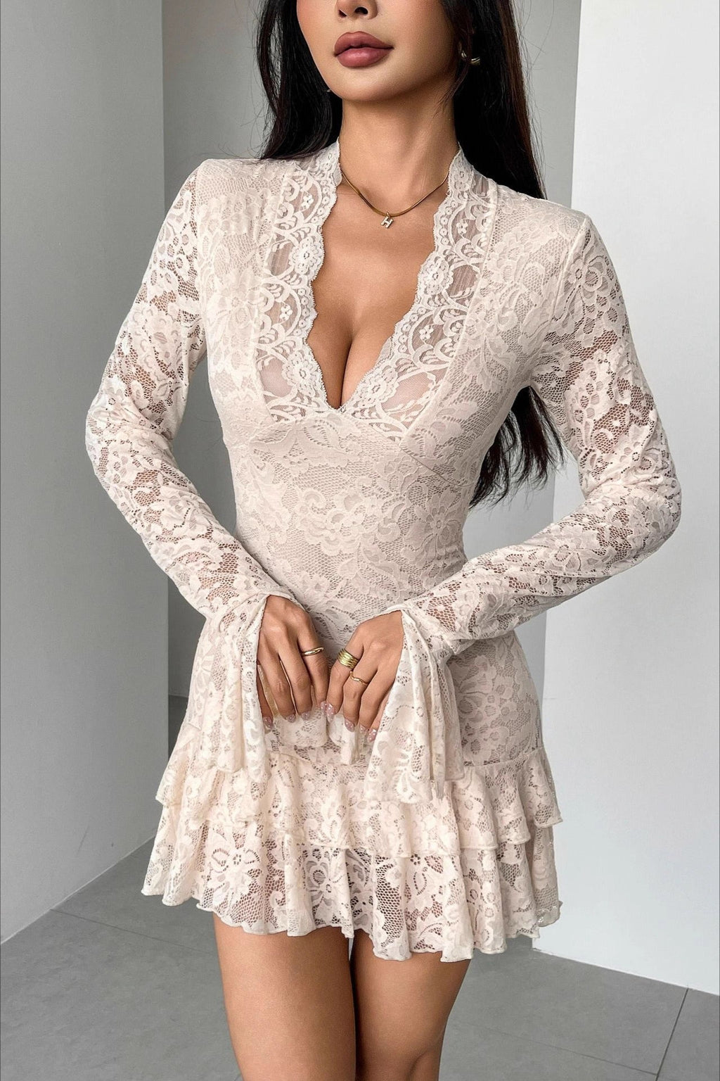 Lace Deep V-Neck Long Sleeve Bell Cuff Tiered Ruffle Hem Mini Dress