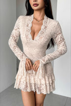 Lace Deep V-Neck Long Sleeve Bell Cuff Tiered Ruffle Hem Mini Dress
