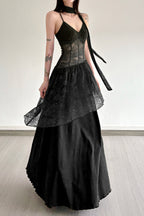 Lace Panel Spaghetti Strap Waist Tie Asymmetric Overlay Maxi Dress