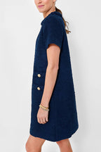 Tweed Braided Trim Crew Neck Button Welt Shift Mini Dress