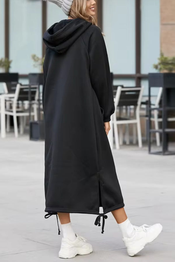 Oversized Hooded Kangaroo Pocket Drawstring Hem Side Slit Midi Sweatshirt Dress