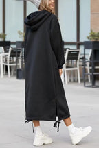Oversized Hooded Kangaroo Pocket Drawstring Hem Side Slit Midi Sweatshirt Dress