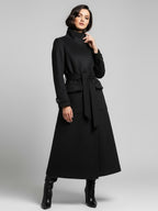 Belted Woolen Stand-Collar Long Winter Coat With Functional Pockets For Women 2026