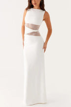 Boat Neck Sleeveless Lace Panel Waist Cut Out Twist Detail Maxi Dress