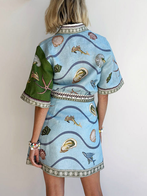 Nautical Print Shirt Collar Bishop Sleeve Tie Waist Button Mini Dress