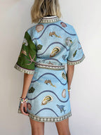 Nautical Print Shirt Collar Bishop Sleeve Tie Waist Button Mini Dress