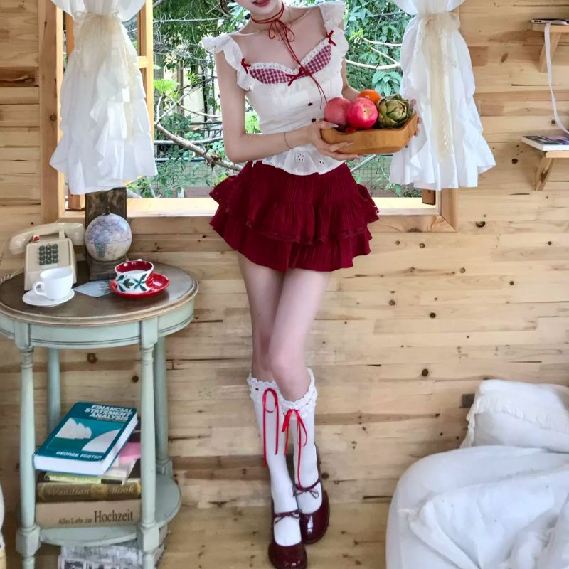 Cap sleeve plaid lace hem bowknot mini skirt set  | Festival Outfits Women