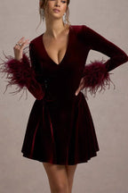 Red Long Sleeve V-Neck Mini Dress